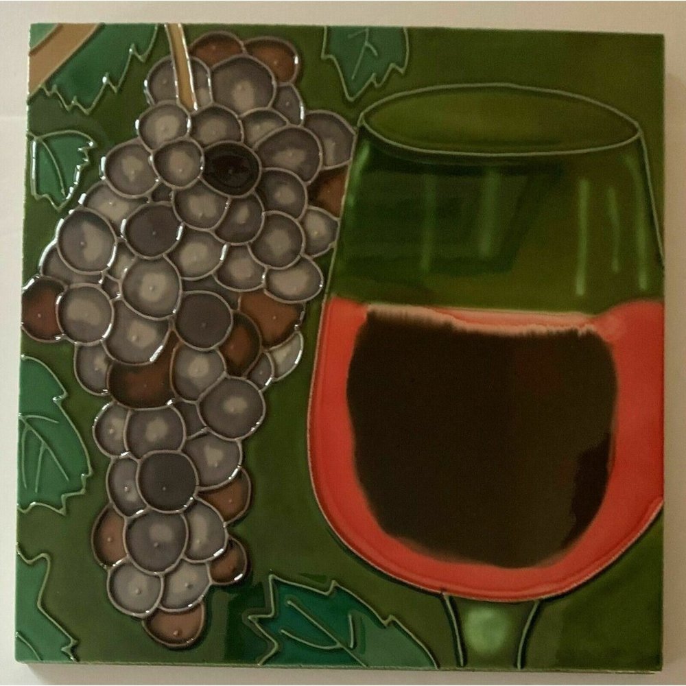 Grapes Wine Glass Decorative Wall Art Ceramic Tile 8x8 New Gift